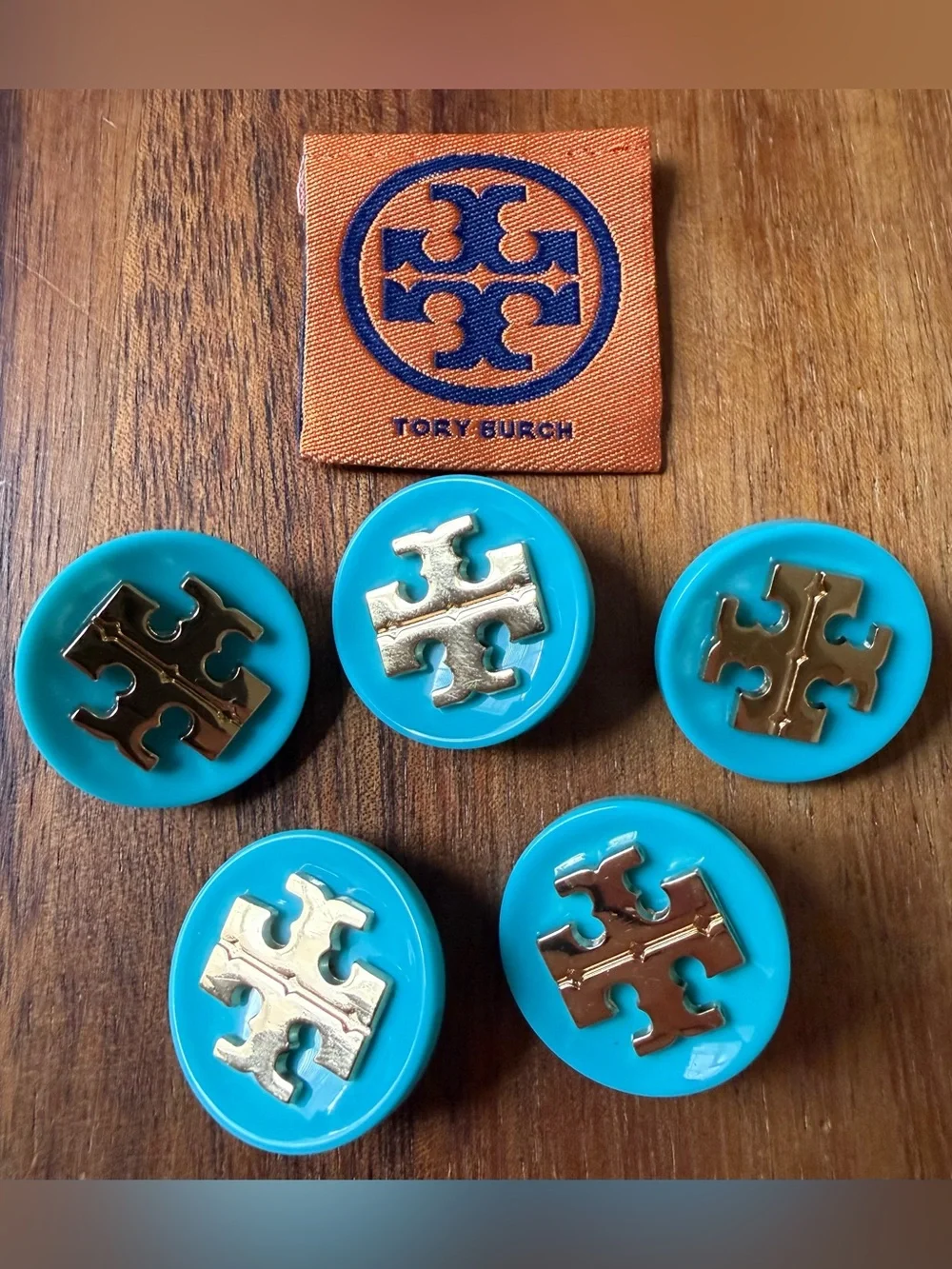 Lot Of 5 Blue Turquoise Tory Burch Logo Buttons From Sweater Gold Tone
